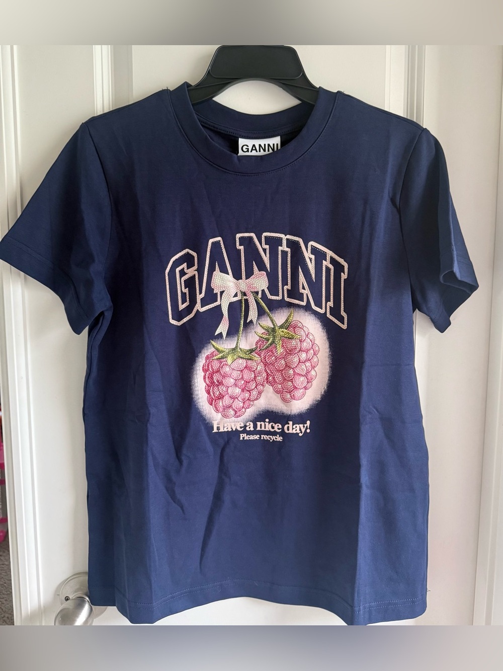 Ganni Navy Tee with Pink Raspberry Graphic